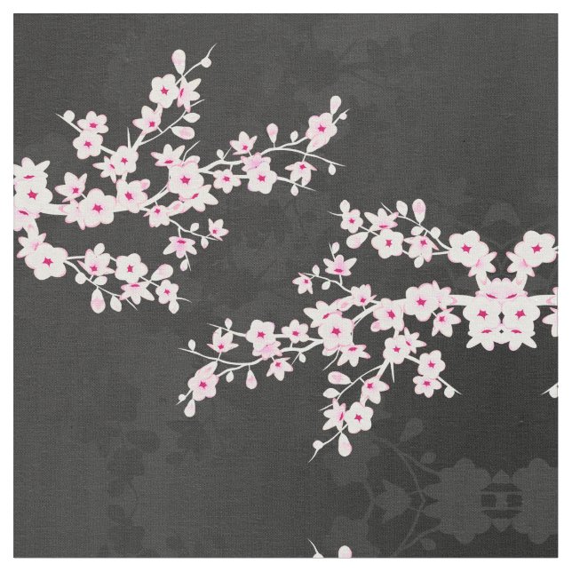 Pink Black Cherry Blossoms Pattern Fabric (Close Up)