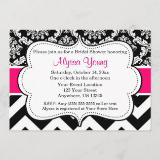 Pink Black Chevron Damask Invitation