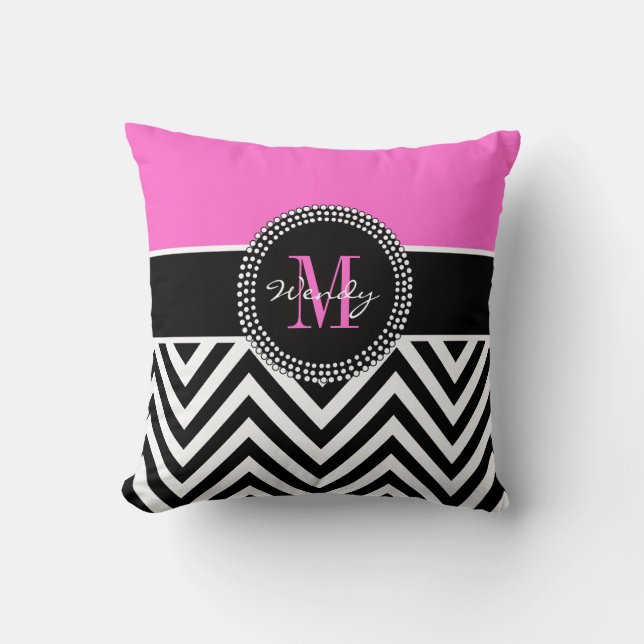 Pink Black Chevron Monogram Elegant Throw Pillow (Front)