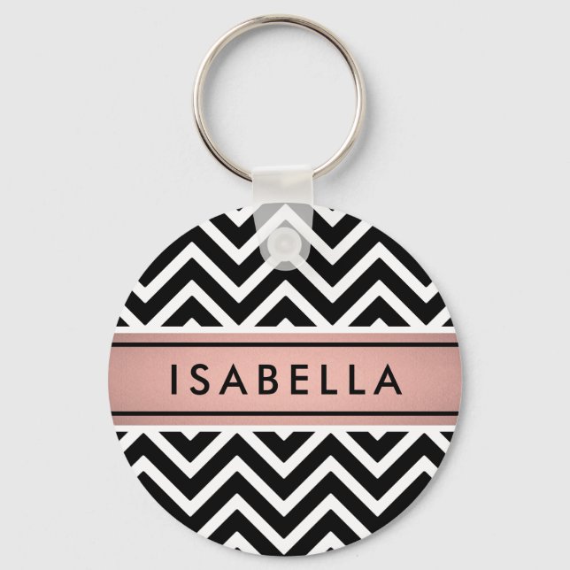Pink & Black Chevron Pattern Girly Faux Rose Gold Key Ring (Front)