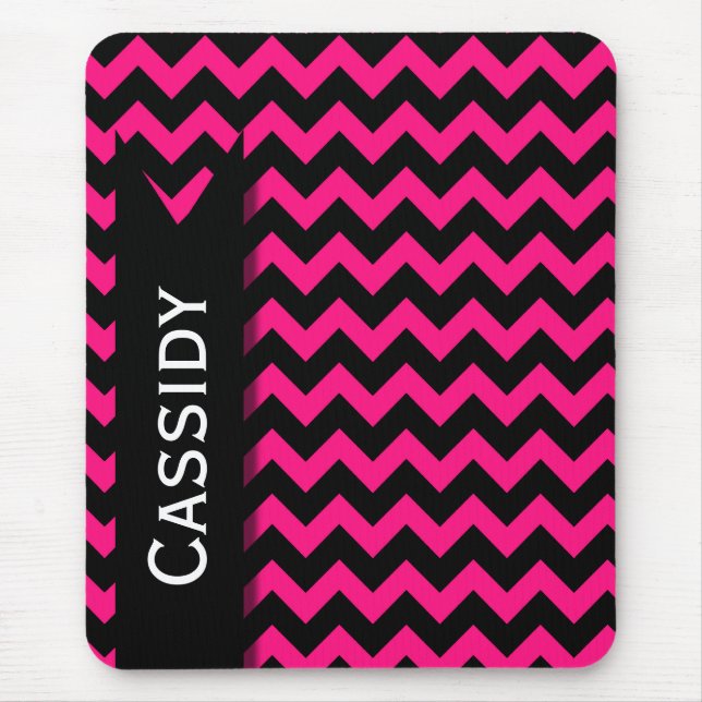 Pink / Black Chevron Pattern & Personalised Name Mouse Mat (Front)