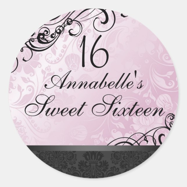 Pink & Black Chic Floral Damask Sweet16 Sticker (Front)