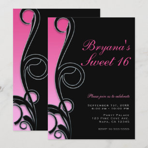 Pink & Black Chic Glam Swirl Sweet 16 Party Invitation