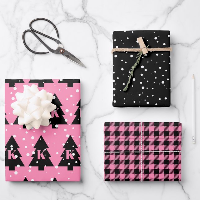 Pink & Black Christmas Tree Wrapping Paper Sheet (Front)