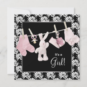 Pink Black Clothesline Baby Girl Shower Invitation
