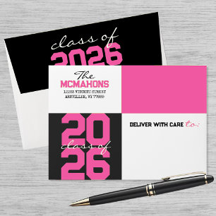 Pink, Black Colour Block Return Address Graduation Envelope