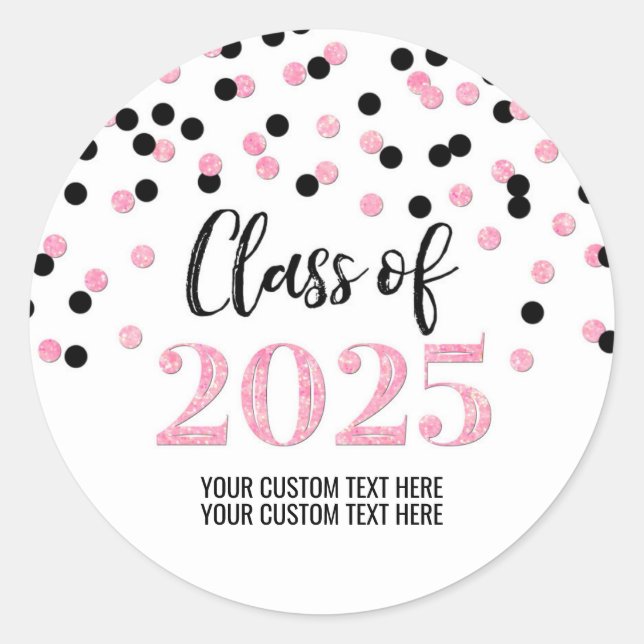 Pink Black Confetti Graduation 2025 Classic Round Sticker (Front)