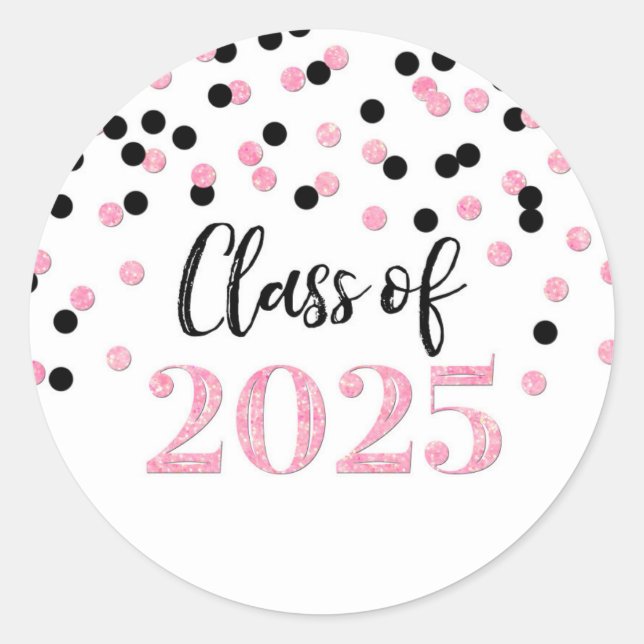 Pink Black Confetti Graduation 2025 Classic Round Sticker (Front)