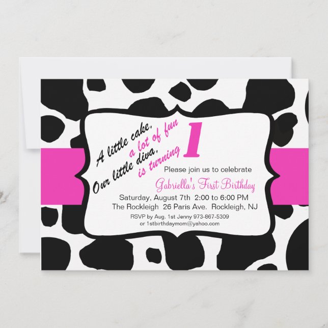 Pink & Black Cow Print Girls First Birthday Invite (Front)