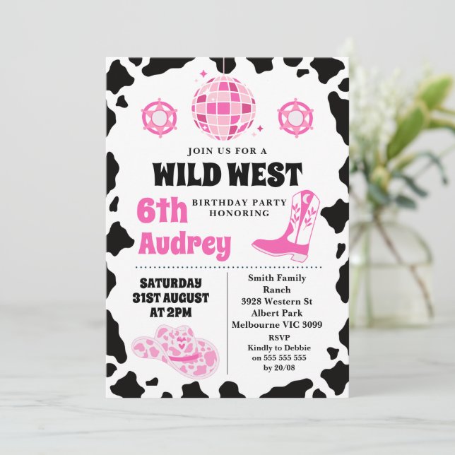Pink Black Cow Print Wild West Cowgirl Birthday  Invitation (Standing Front)