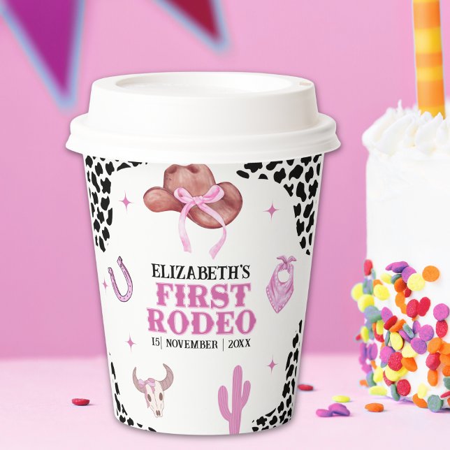 Pink & Black Cowgirl "First Rodeo" Birthday  Paper Cups (Creator Uploaded)