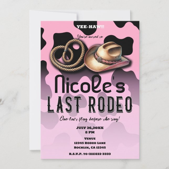 Pink & Black Cowgirl Last Rodeo Bachelorette  Invitation (Front)