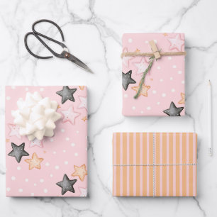 Pink Black Cream Stars Birthday Wrapping Paper Sheet