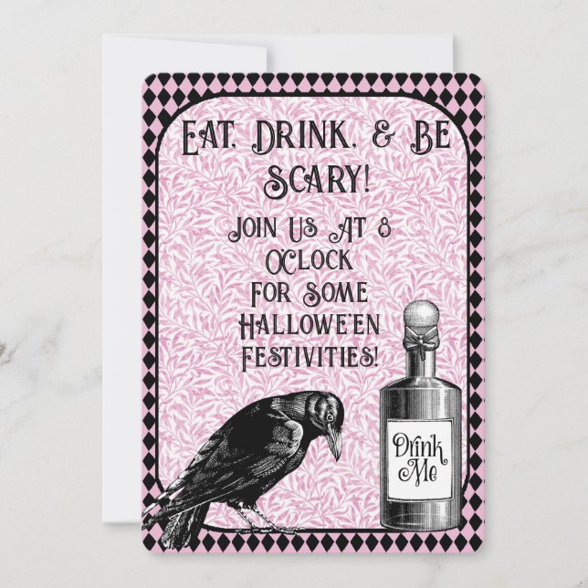 Pink Black Crow Raven Halloween Invitation (Front)