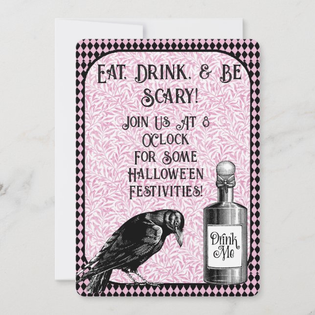 Pink Black Crow Raven Halloween Invitation (Front)
