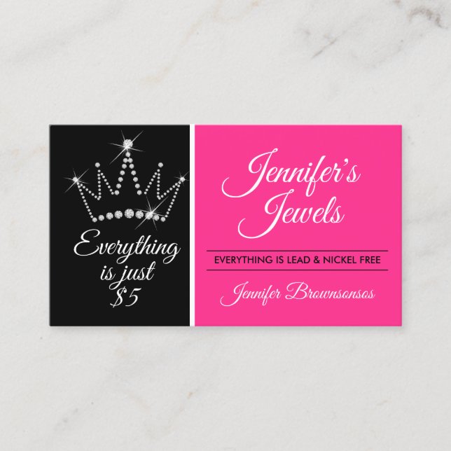 Pink Black Crown Bling Diamond Jewellery Business Card (Front)