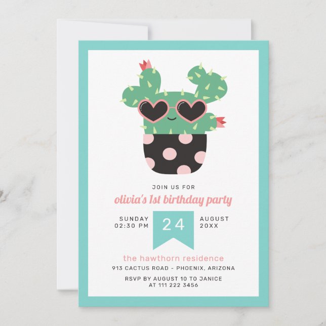 Pink Black Cute Cactus Birthday Party Invitation (Front)