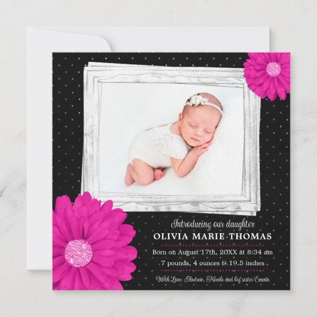 Pink Black Daisy Girl Photo Birth Announcement (Front)