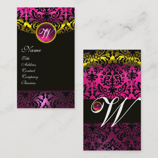 PINK BLACK DAMASK AMETHYST MONOGRAM Fuchsia Gold Business Card (Front/Back)