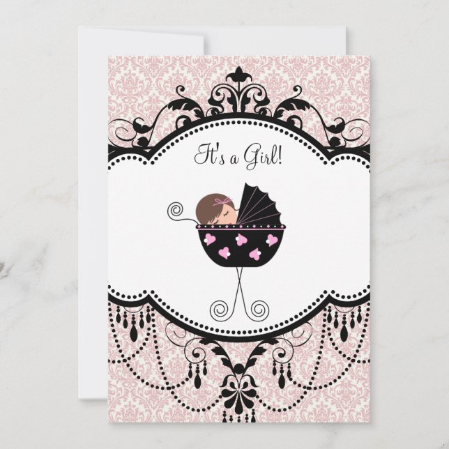 Pink Black Damask Baby Girl Shower Invitations (Front)