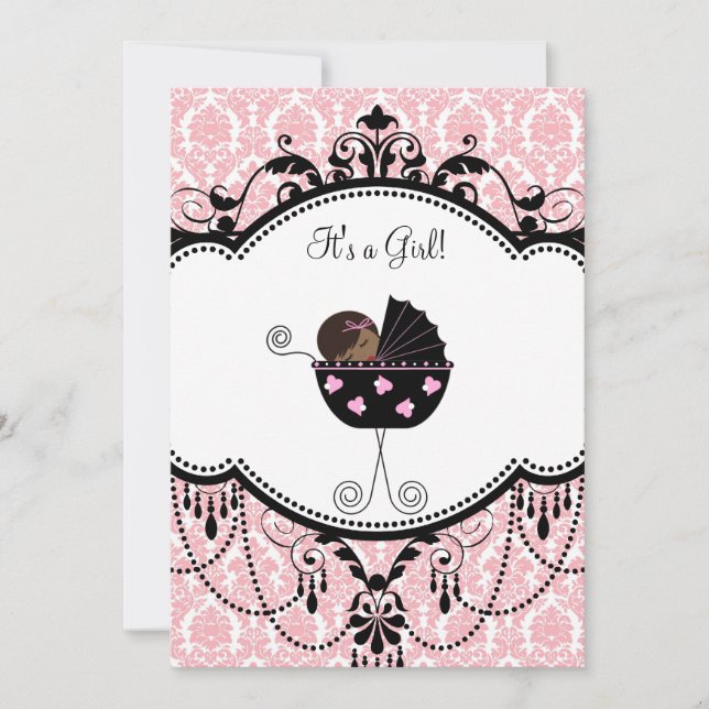 Pink Black Damask Baby Girl Shower Invitations (Front)