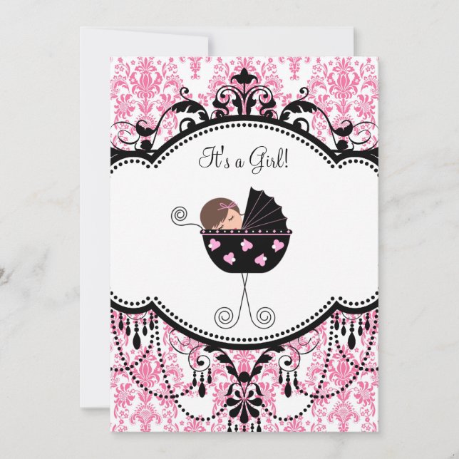 Pink Black Damask Baby Girl Shower Invitations (Front)
