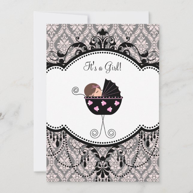 Pink Black Damask Baby Girl Shower Invitations (Front)