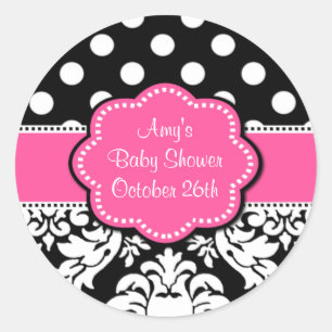 Pink Black Damask Baby Shower or Birthday Stickers