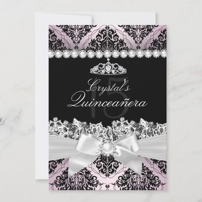 Pink Black Damask Bow Quinceanera Invite (Front)