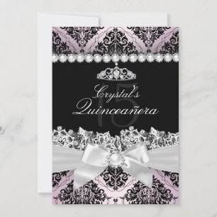 Pink Black Damask Bow Quinceanera Invite