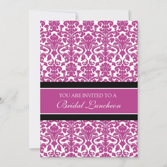 Pink Black Damask Bridal Lunch Invitation Cards (Front)