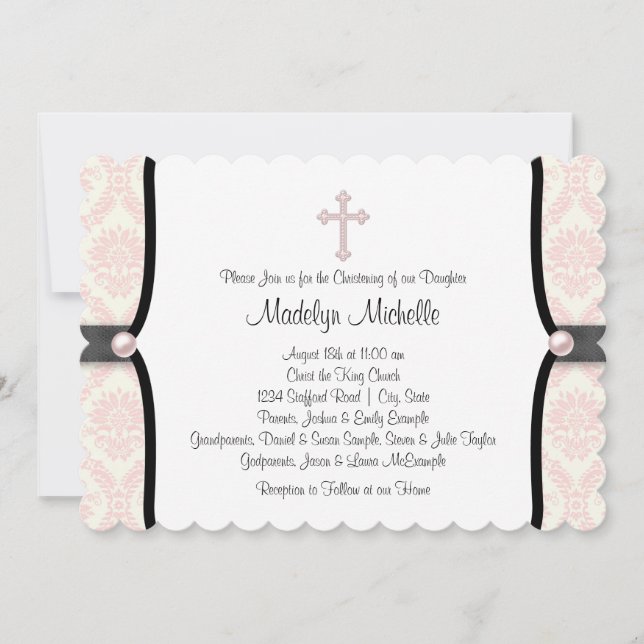 Pink Black Damask Christening Invitation (Front)