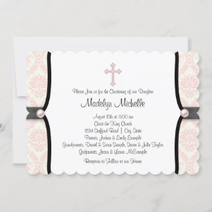 Pink Black Damask Christening Invitation