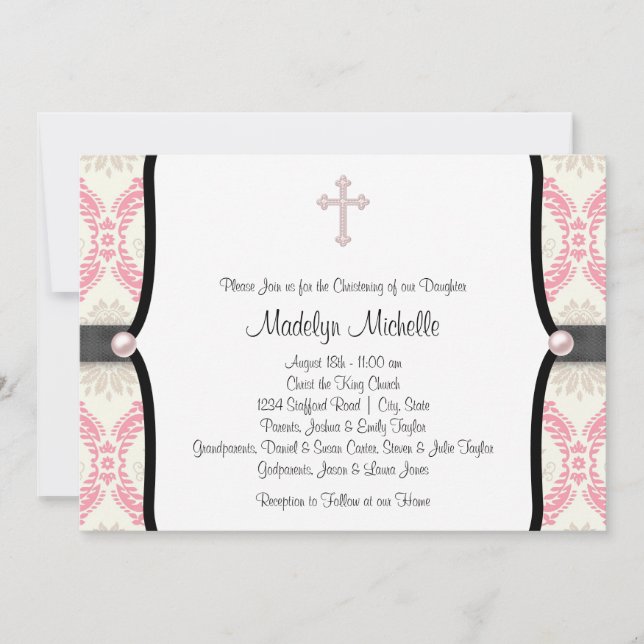 Pink Black Damask Christening Invitation (Front)