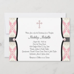 Pink Black Damask Christening Invitation