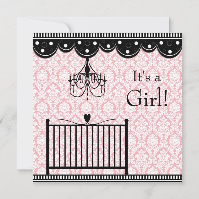 Pink Black Damask Crib Chandelier Baby Shower Invitation (Front)
