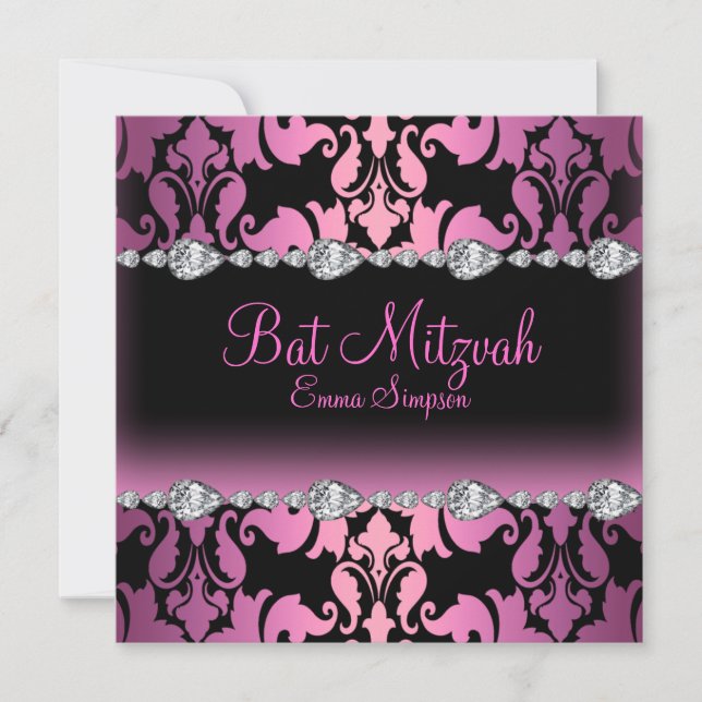 Pink & Black Damask & Diamond Bat Mitzvah Invite (Front)