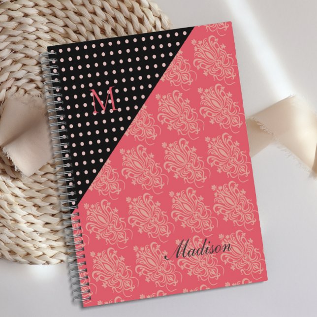Pink Black Damask Dots Girly Trendy Monogram Planner (Creator Uploaded)