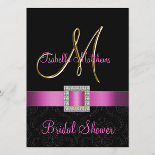 Pink Black Damask Gold Initial Bridal Shower Invitation