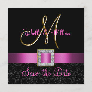 Pink Black Damask Gold Initial Save the Date