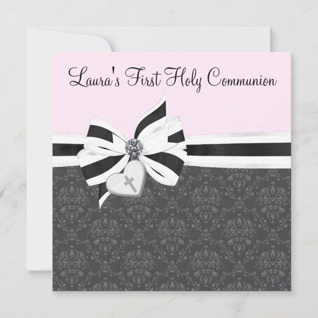 Pink Black Damask Heart Cross First Communion Invitation (Front)