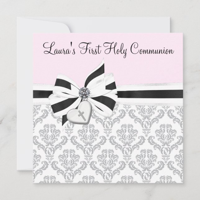Pink Black Damask Heart Cross First Communion Invitation (Front)