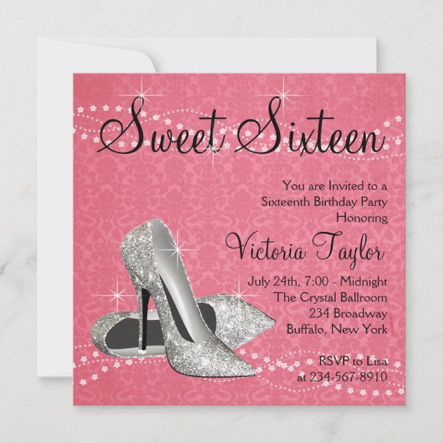 Pink Black Damask High Heels Sweet 16 Party Invitation (Front)