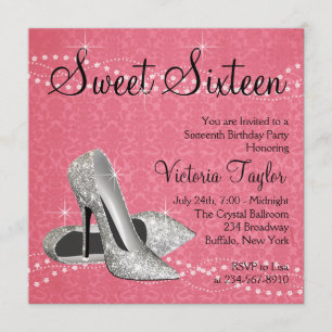 Pink Black Damask High Heels Sweet 16 Party Invitation