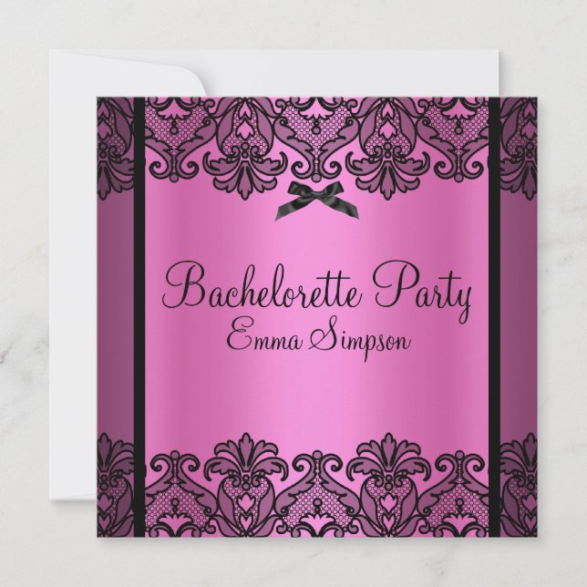 Pink & Black Damask Lace Bachelorette Invite (Front)
