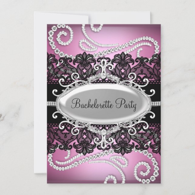 Pink Black Damask Lace & Jewels Bachelorette Party Invitation (Front)
