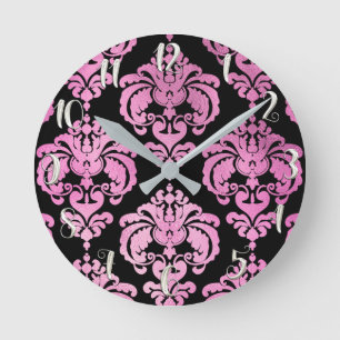 Pink & Black Damask Modern Personalised Round Clock