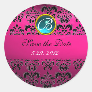 PINK BLACK DAMASK MONOGRAM , blue turquase,fuchsia Classic Round Sticker