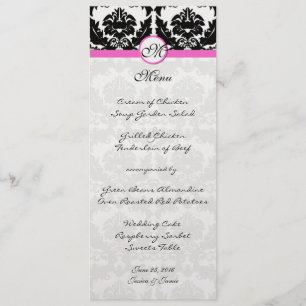 Pink & Black Damask on Silver Metallic Wedding Menu