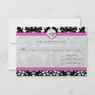 Pink & Black Damask on Silver Metallic Wedding RSVP Card